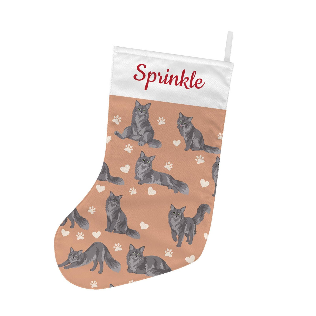 Nebelung Christmas stocking on peach background with example name Sprinkle in red script on the white cuff; view 2.