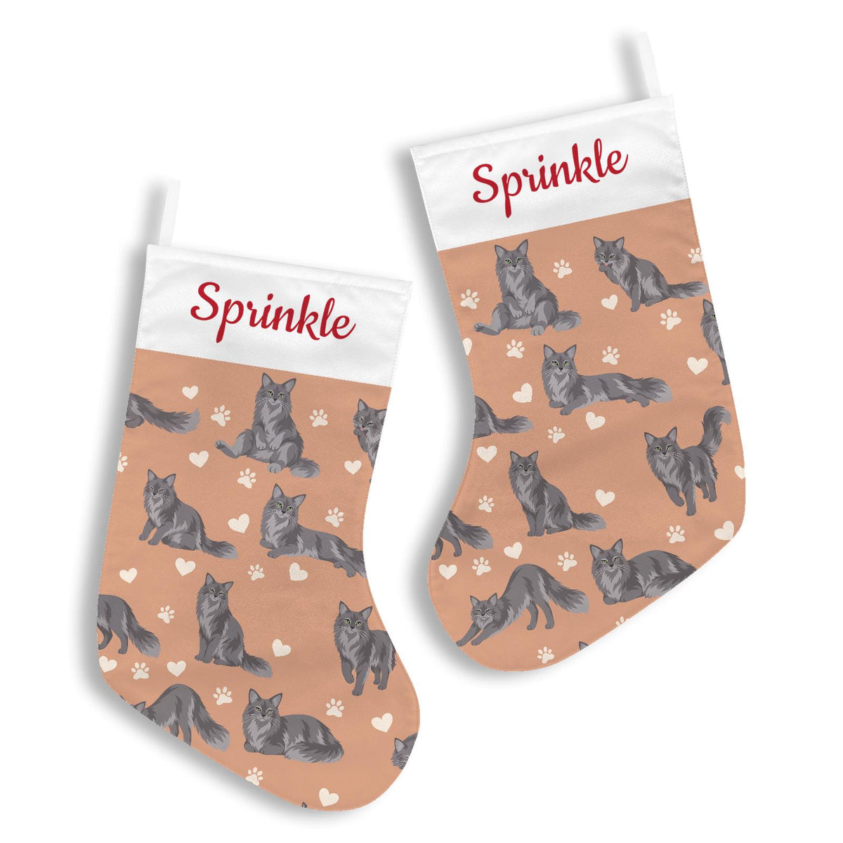 Nebelung Christmas stocking on peach background with example name Sprinkle in red script on the white cuff; view 3.