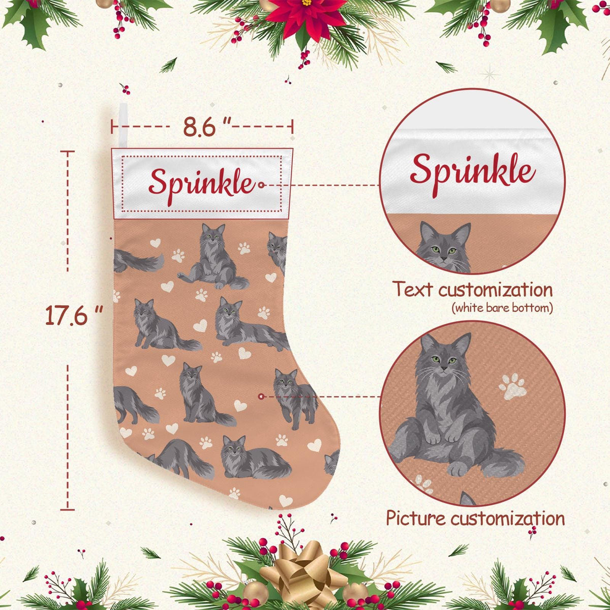 Nebelung Christmas stocking on peach background with example name Sprinkle in red script on the white cuff; view 4.