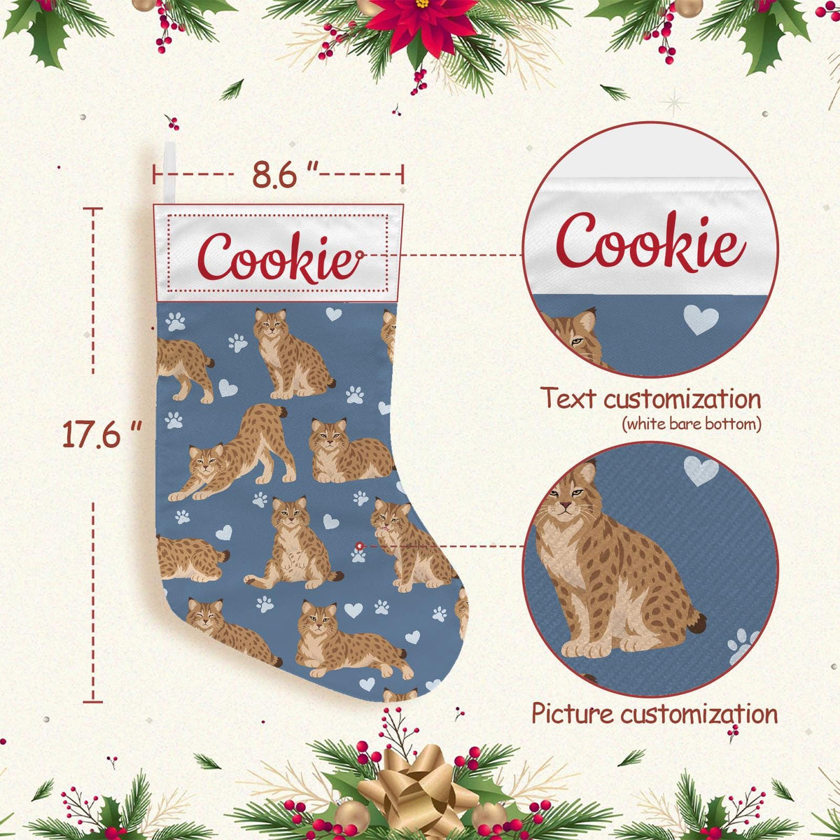 Pixie bob Christmas stocking on slate blue background with example name Cookie in red script on the white cuff; view 4.