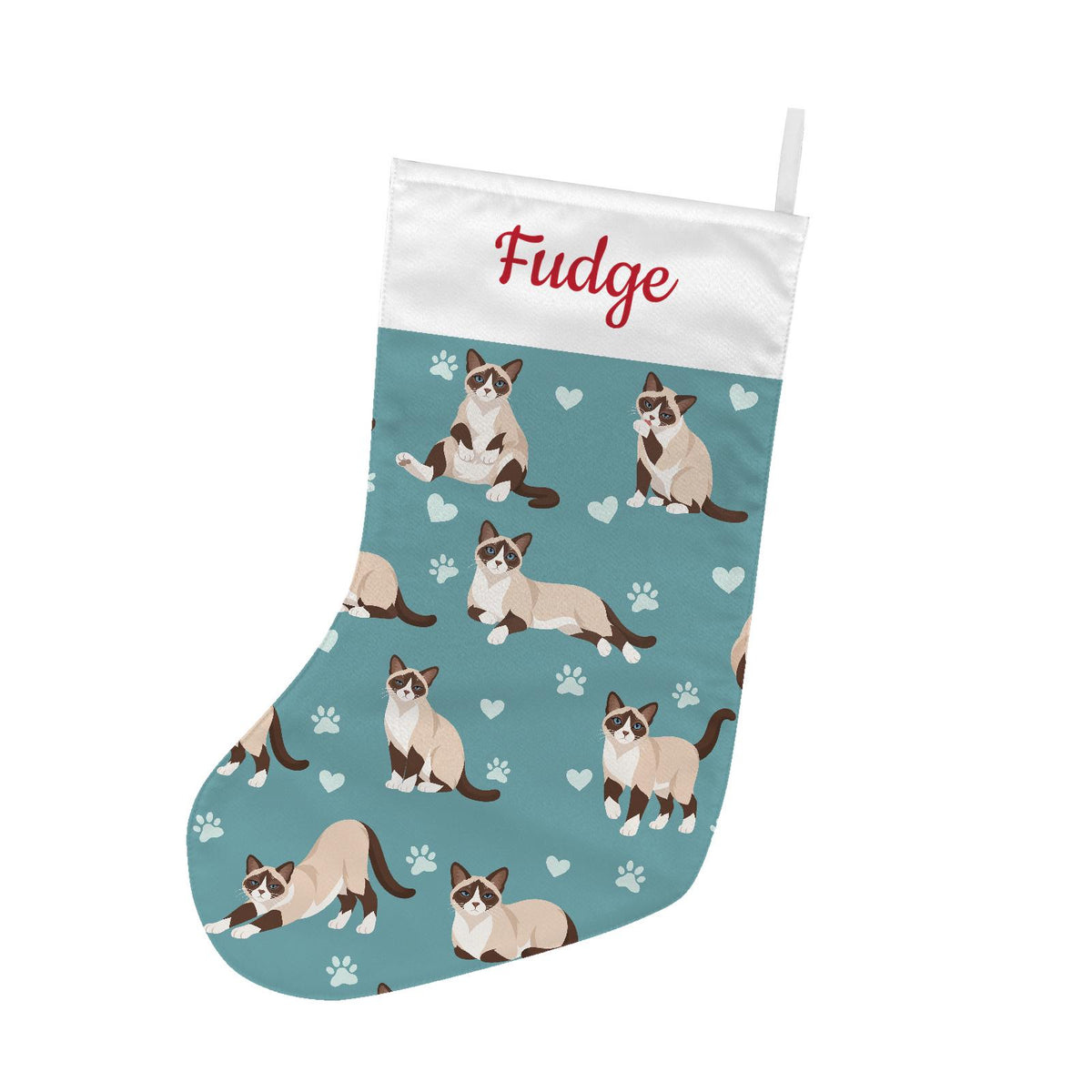 Snowshoe Christmas stocking on muted teal background with example name Fudge in red script on the white cuff; view 2.