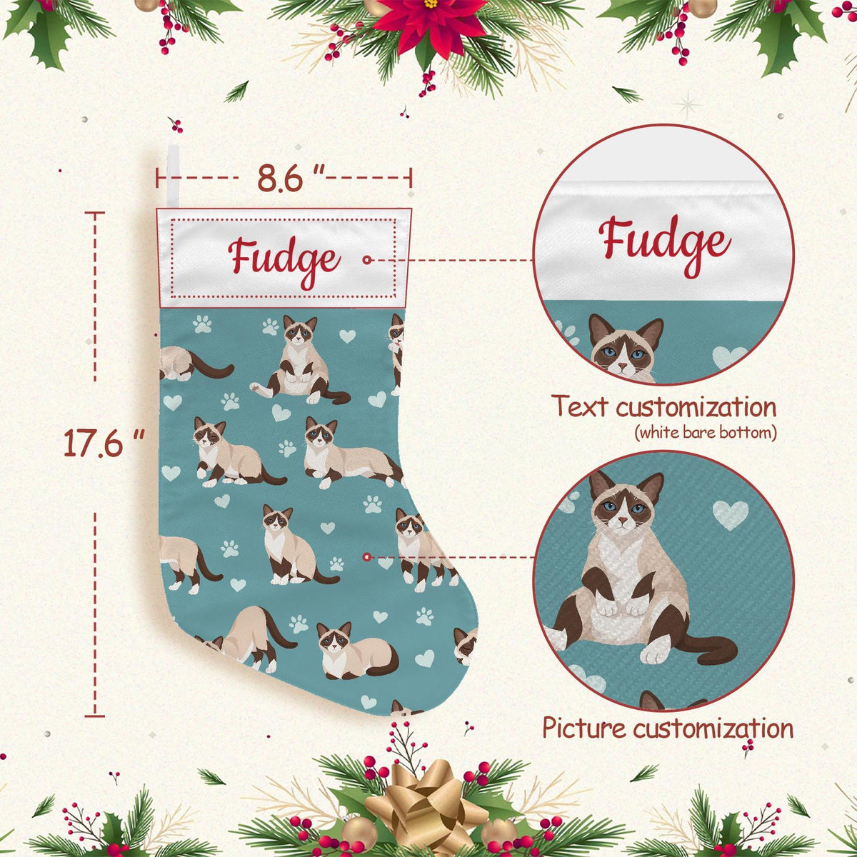 Snowshoe Christmas stocking on muted teal background with example name Fudge in red script on the white cuff; view 4.
