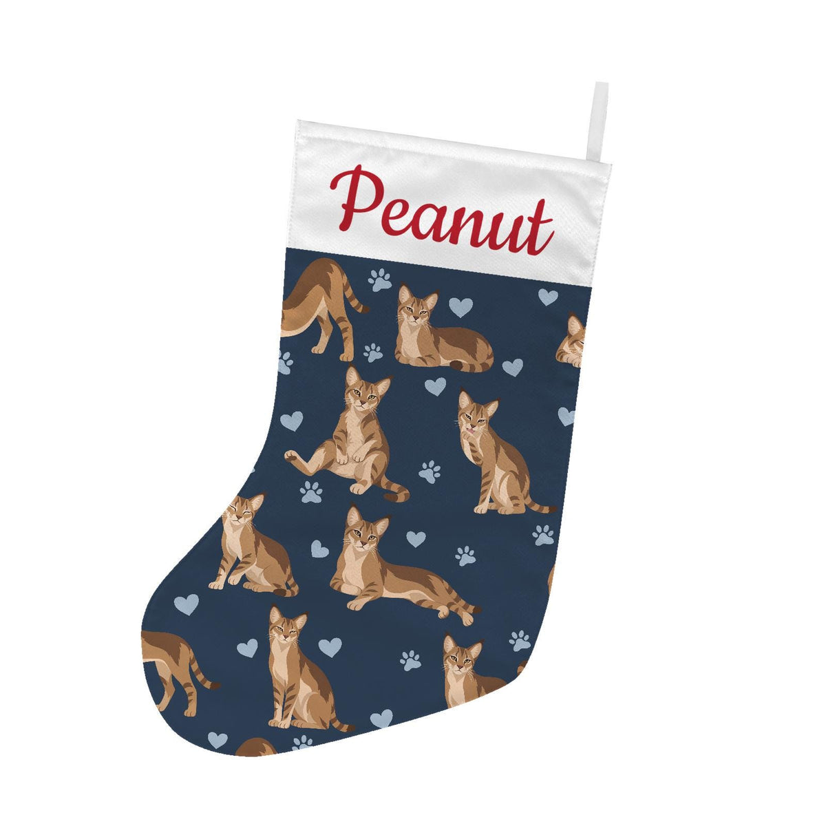 Chausie Christmas stocking on deep navy background with example name Peanut in red script on the white cuff; view 2.