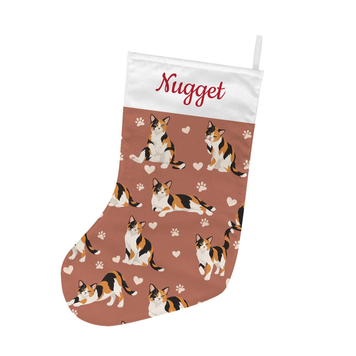 Domestic Shorthair Christmas stocking on muted terracotta background with example name Nugget in red script on the white cuff; view 2.