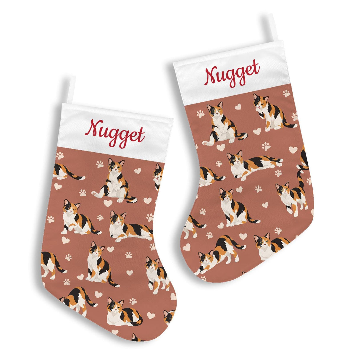 Domestic Shorthair Christmas stocking on muted terracotta background with example name Nugget in red script on the white cuff; view 3.