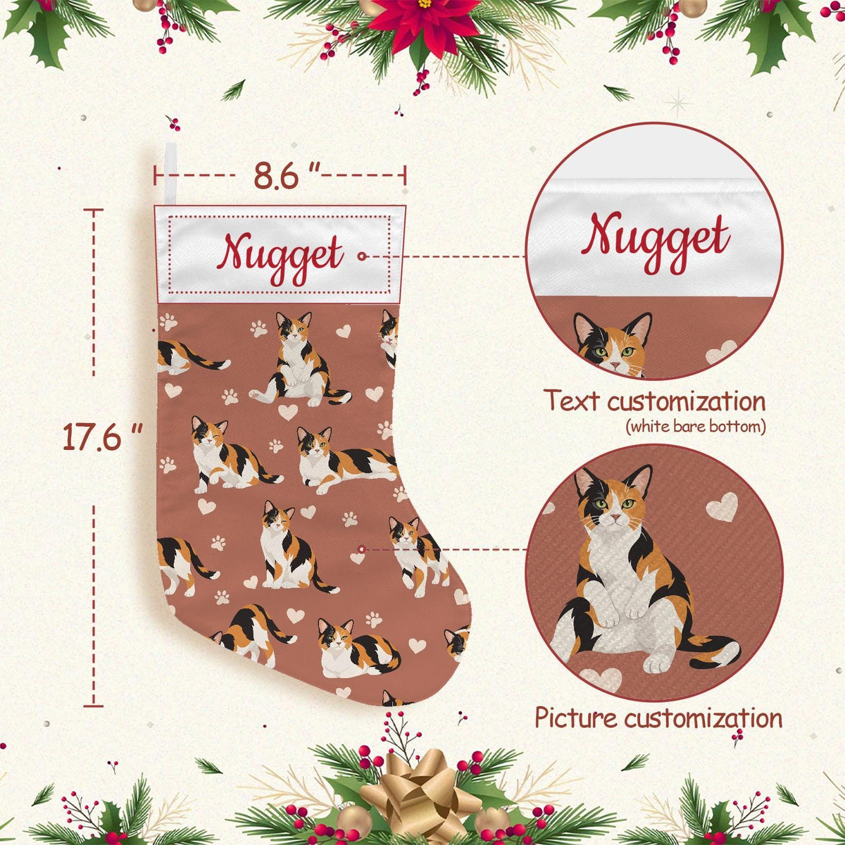 Domestic Shorthair Christmas stocking on muted terracotta background with example name Nugget in red script on the white cuff; view 4.