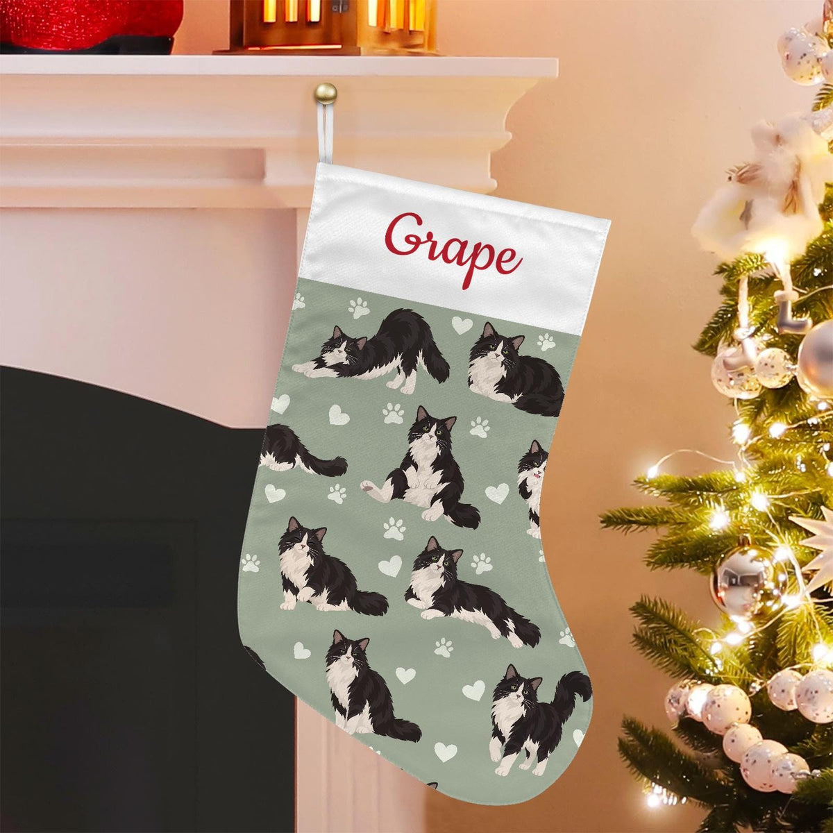 Domestic Longhair Christmas stocking on soft sage background with example name Grape in red script on the white cuff; view 1.