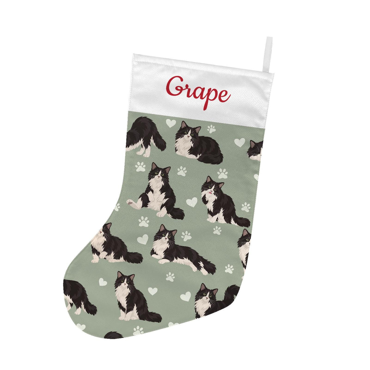 Domestic Longhair Christmas stocking on soft sage background with example name Grape in red script on the white cuff; view 2.