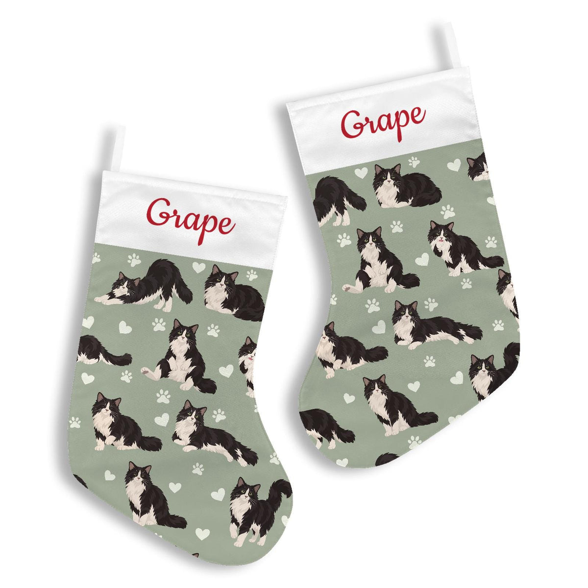 Domestic Longhair Christmas stocking on soft sage background with example name Grape in red script on the white cuff; view 3.