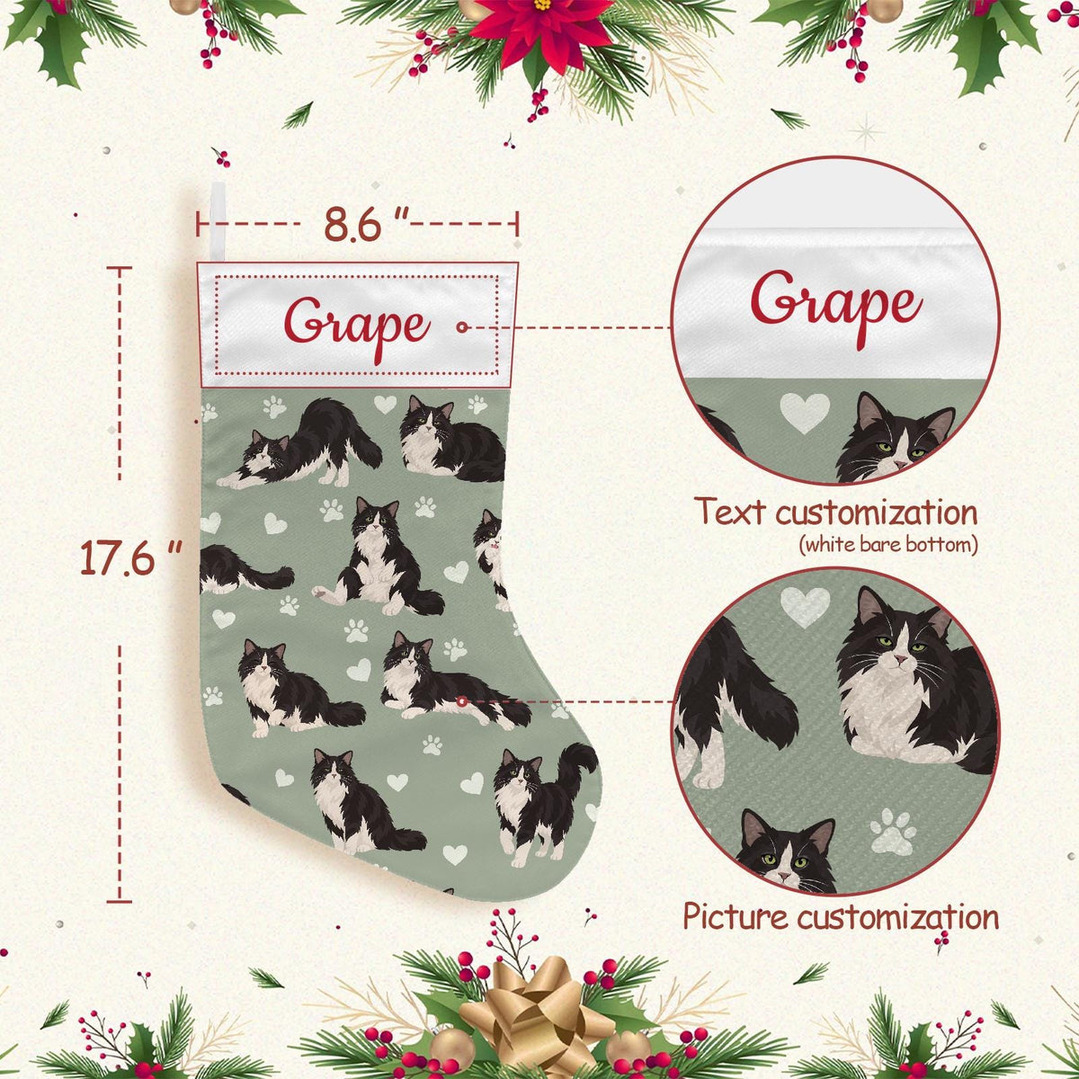 Domestic Longhair Christmas stocking on soft sage background with example name Grape in red script on the white cuff; view 4.