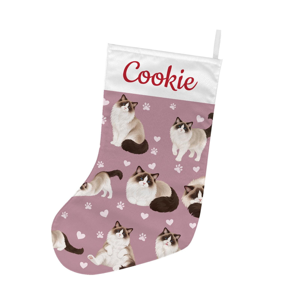 Ragdoll Seal bicolor Christmas stocking on dusty rose background with example name Cookie in red script on the white cuff; view 2.