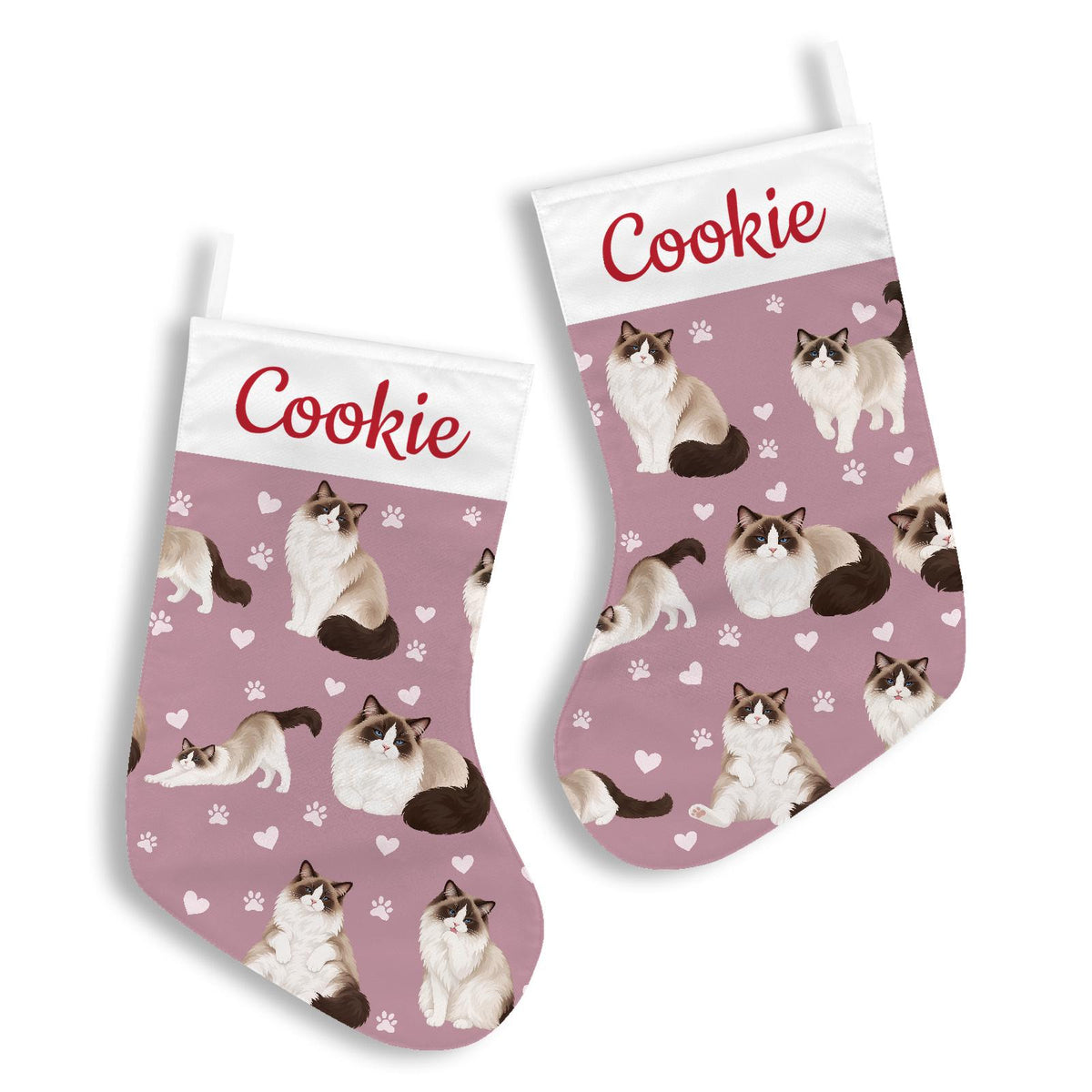 Ragdoll Seal bicolor Christmas stocking on dusty rose background with example name Cookie in red script on the white cuff; view 3.