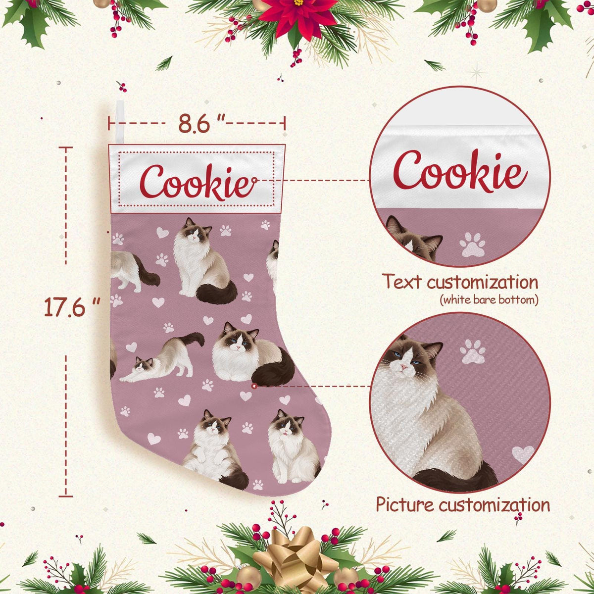 Ragdoll Seal bicolor Christmas stocking on dusty rose background with example name Cookie in red script on the white cuff; view 4.