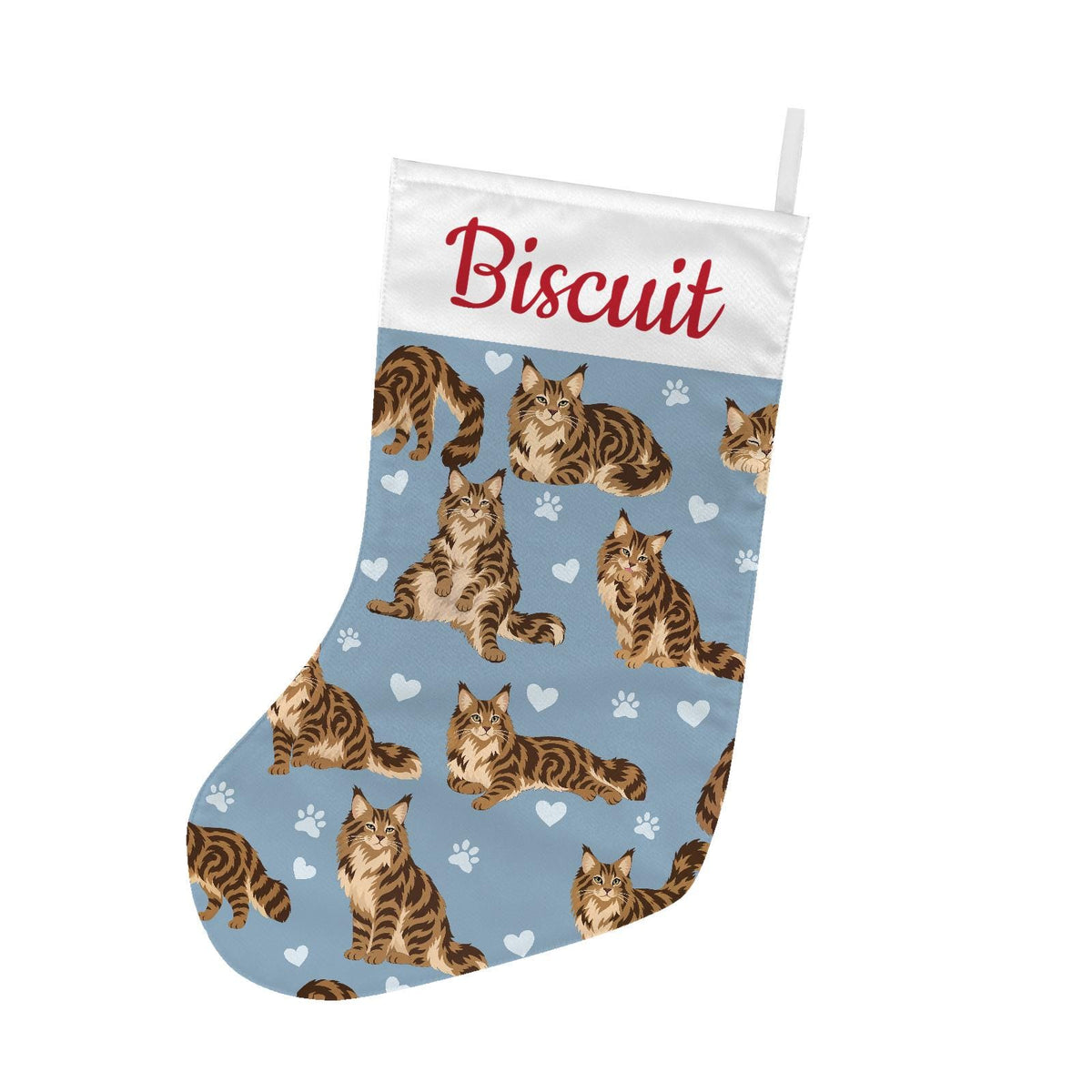 Maine Coon Brown classic tabby Christmas stocking on dusty blue background with example name Biscuit in red script on the white cuff; view 2.