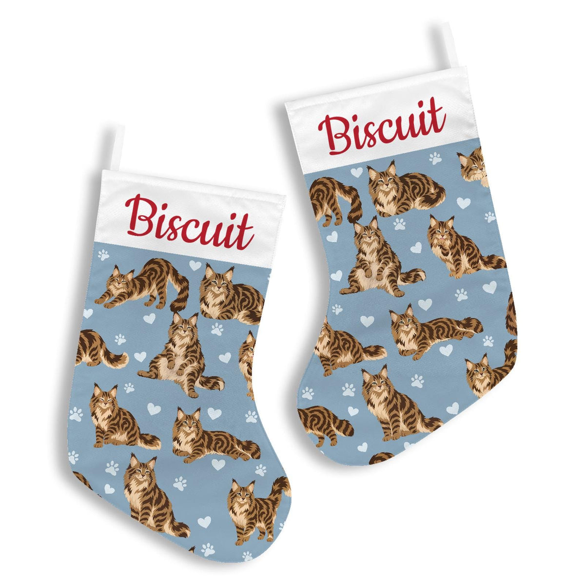 Maine Coon Brown classic tabby Christmas stocking on dusty blue background with example name Biscuit in red script on the white cuff; view 3.
