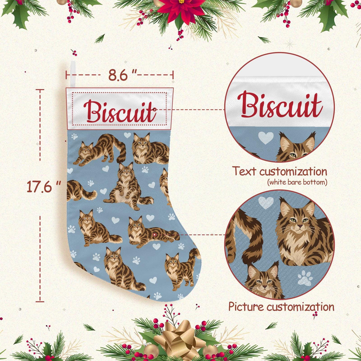 Maine Coon Brown classic tabby Christmas stocking on dusty blue background with example name Biscuit in red script on the white cuff; view 4.