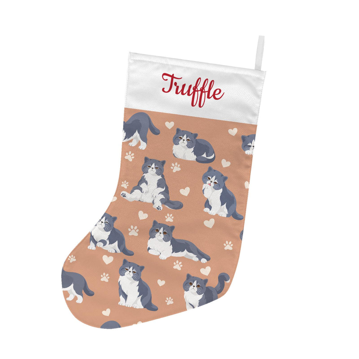 Exotic Shorthair Blue and white bicolor Christmas stocking on peach background with example name Truffle in red script on the white cuff; view 2.