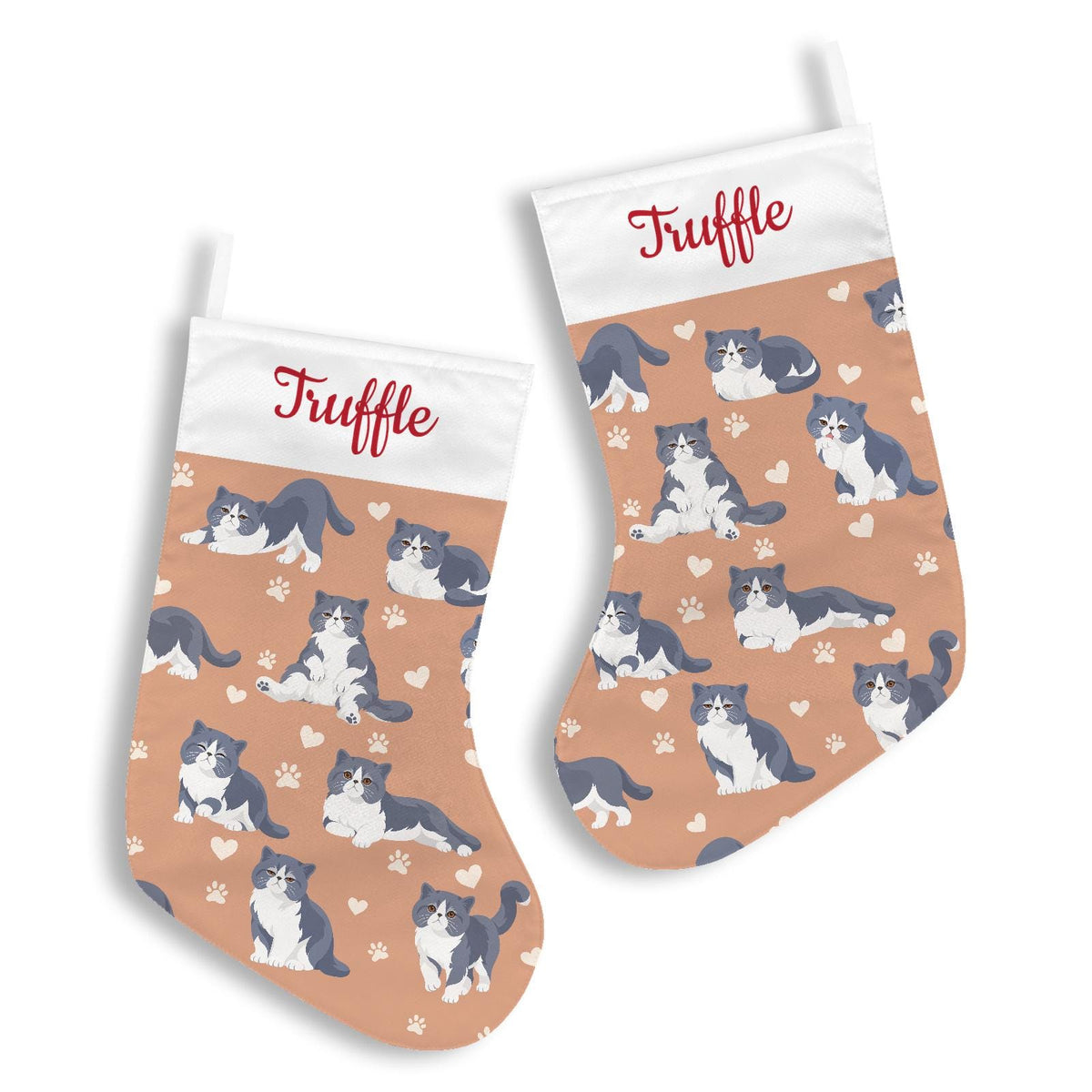 Exotic Shorthair Blue and white bicolor Christmas stocking on peach background with example name Truffle in red script on the white cuff; view 3.