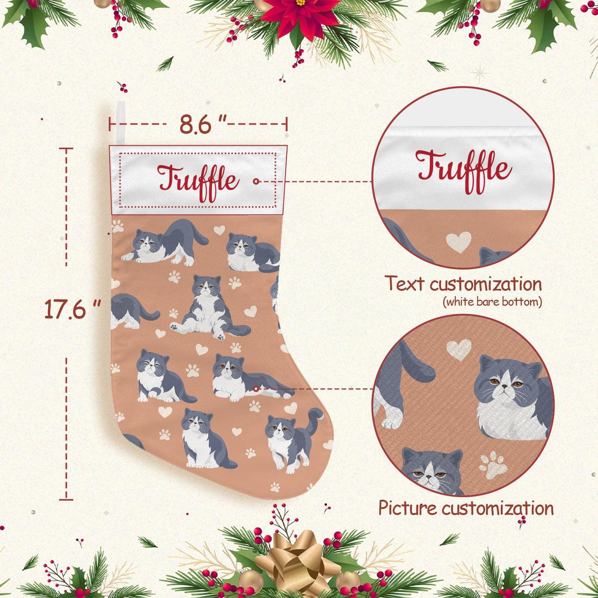 Exotic Shorthair Blue and white bicolor Christmas stocking on peach background with example name Truffle in red script on the white cuff; view 4.