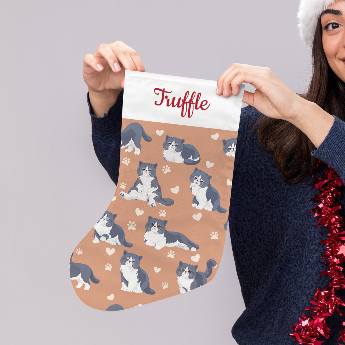 Exotic Shorthair Blue and white bicolor Christmas stocking on peach background with example name Truffle in red script on the white cuff; view 5.