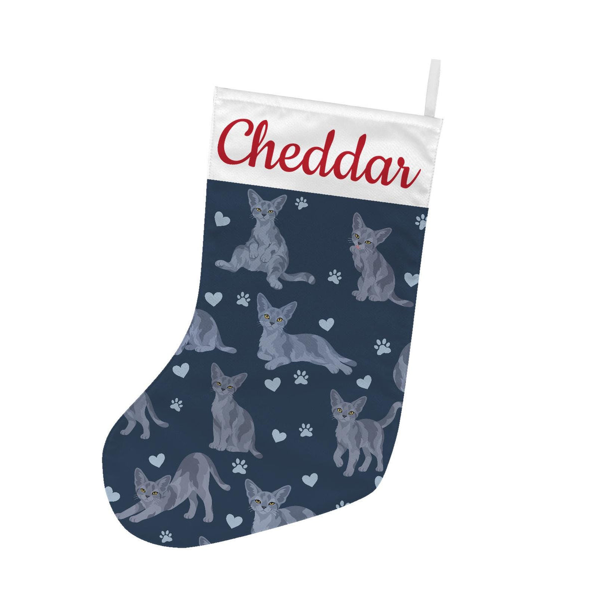 Devon Rex Blue Christmas stocking on deep navy background with example name Cheddar in red script on the white cuff; view 2.
