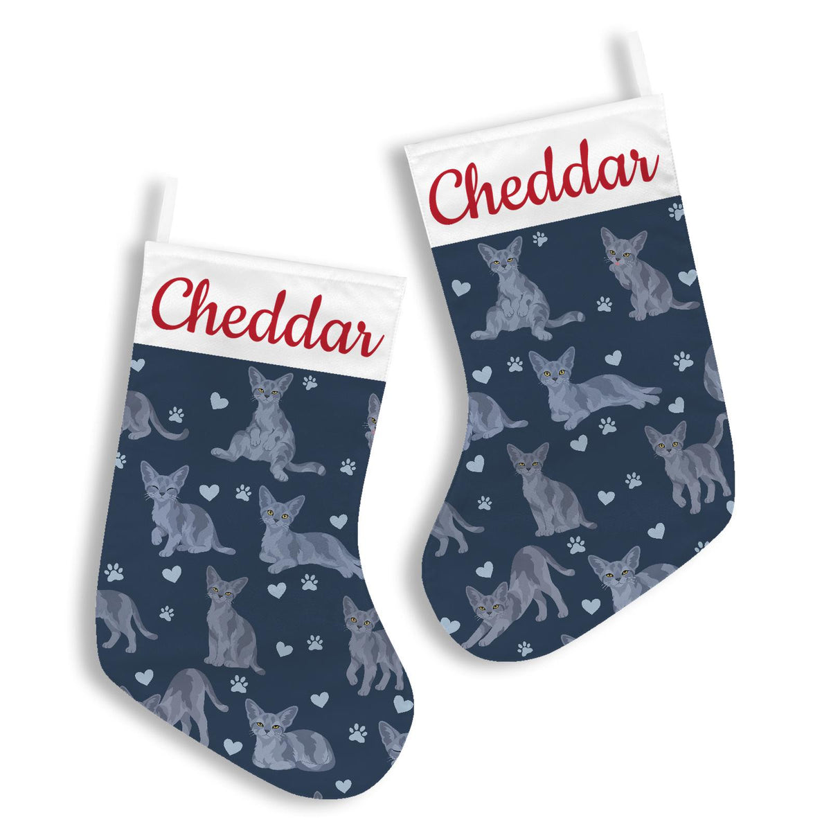 Devon Rex Blue Christmas stocking on deep navy background with example name Cheddar in red script on the white cuff; view 3.