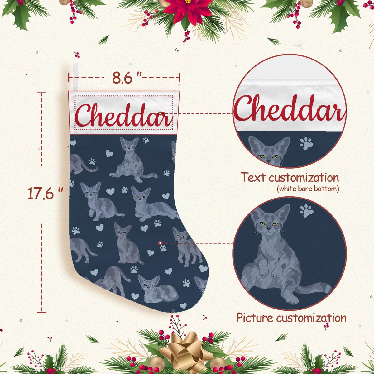 Devon Rex Blue Christmas stocking on deep navy background with example name Cheddar in red script on the white cuff; view 4.