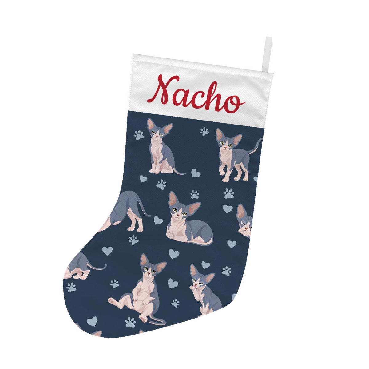 Sphynx Blue and white skin pigmentation Christmas stocking on deep navy background with example name Nacho in red script on the white cuff; view 2.