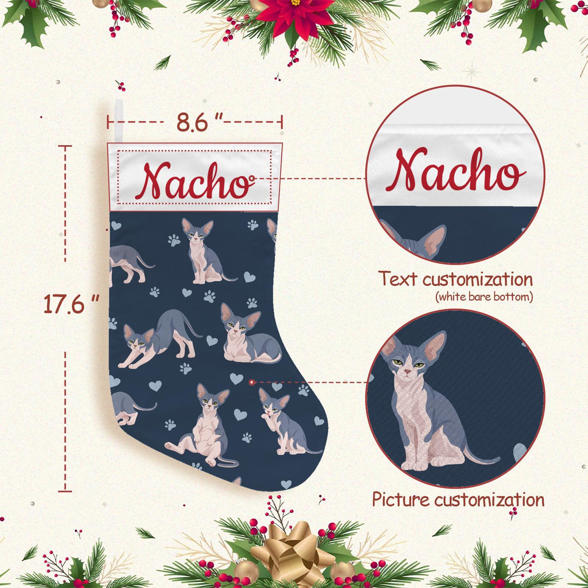 Sphynx Blue and white skin pigmentation Christmas stocking on deep navy background with example name Nacho in red script on the white cuff; view 4.