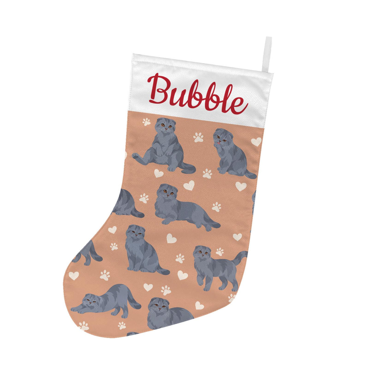 Scottish Fold Solid blue gray Christmas stocking on peach background with example name Bubble in red script on the white cuff; view 2.