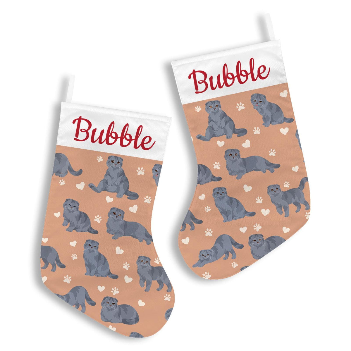 Scottish Fold Solid blue gray Christmas stocking on peach background with example name Bubble in red script on the white cuff; view 3.