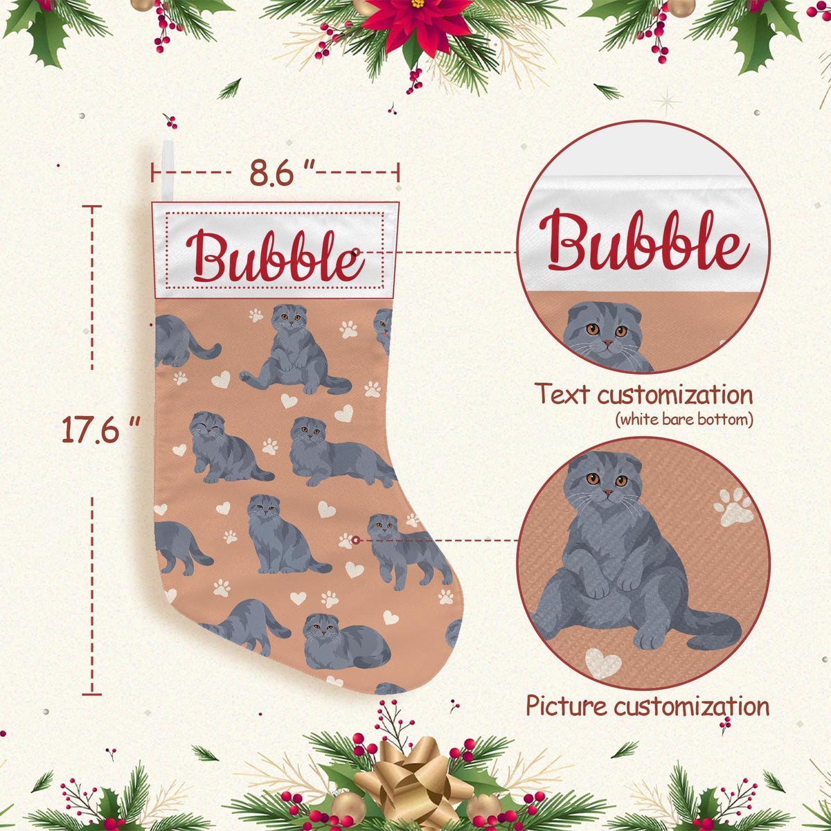Scottish Fold Solid blue gray Christmas stocking on peach background with example name Bubble in red script on the white cuff; view 4.