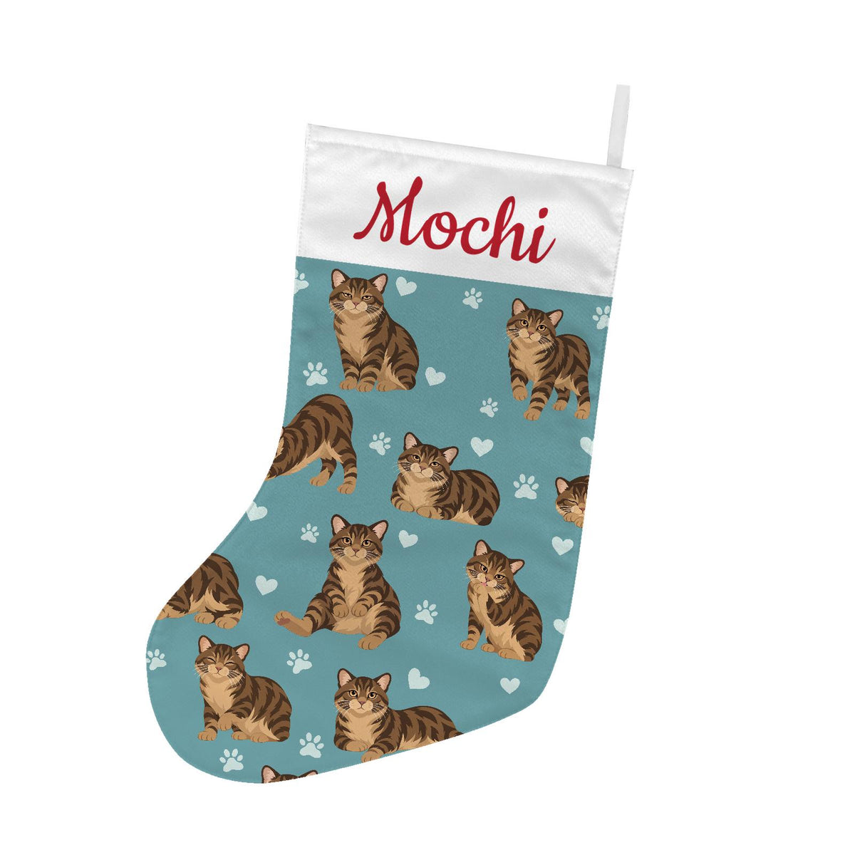 Manx Brown tabby Christmas stocking on muted teal background with example name Mochi in red script on the white cuff; view 2.