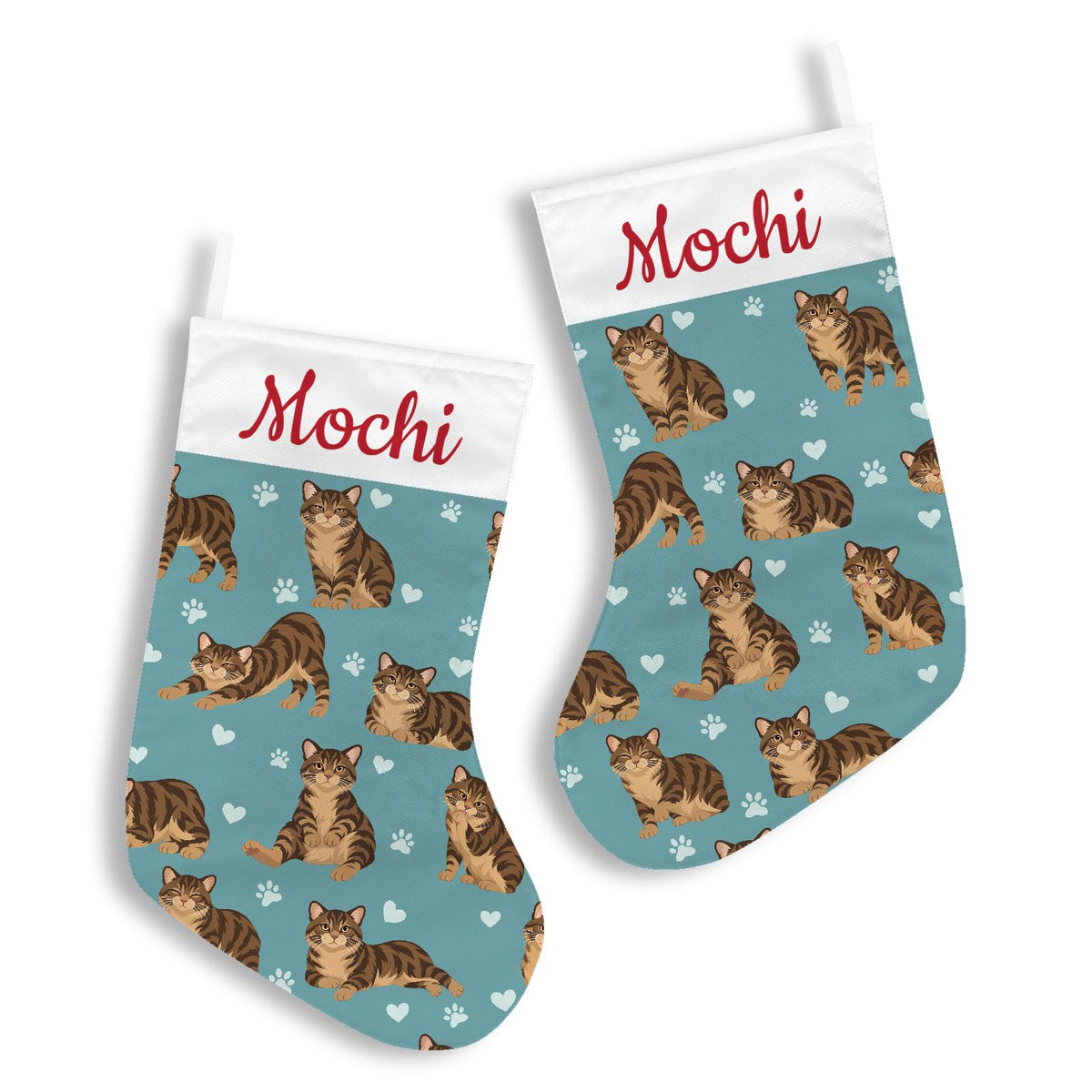 Manx Brown tabby Christmas stocking on muted teal background with example name Mochi in red script on the white cuff; view 3.
