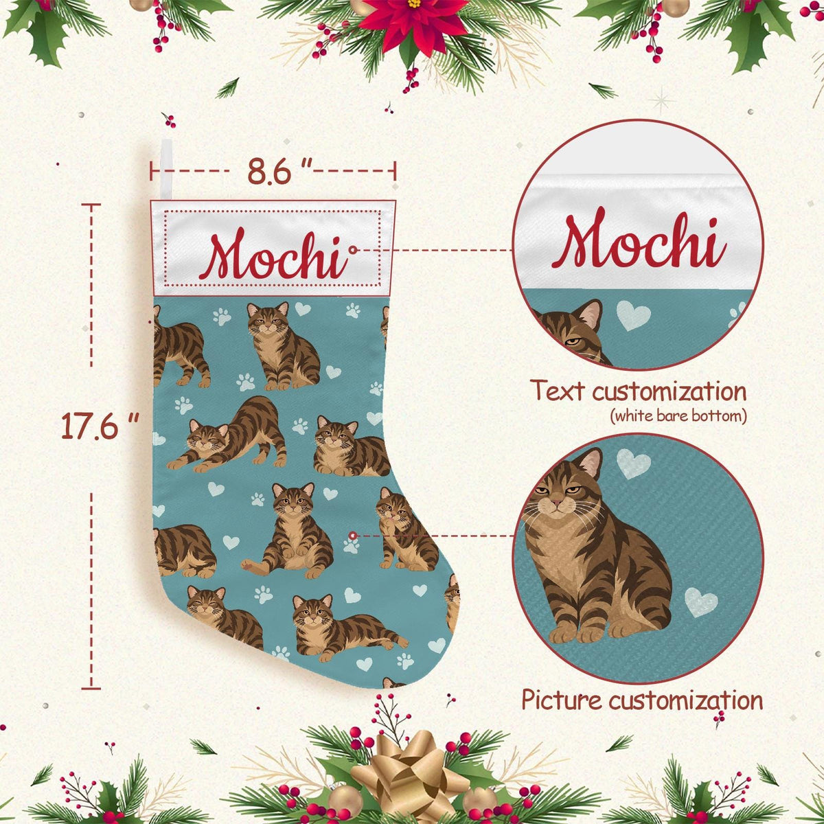 Manx Brown tabby Christmas stocking on muted teal background with example name Mochi in red script on the white cuff; view 4.