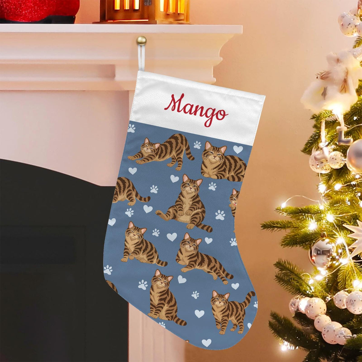American Wirehair Brown tabby Christmas stocking on slate blue background with example name Mango in red script on the white cuff; view 1.