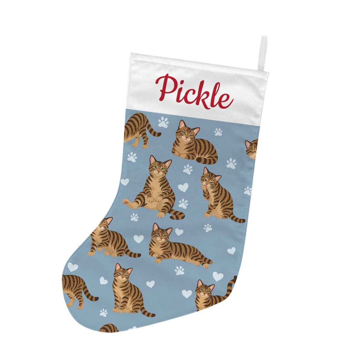 Domestic Shorthair Brown mackerel tabby Christmas stocking on dusty blue background with example name Pickle in red script on the white cuff; view 2.