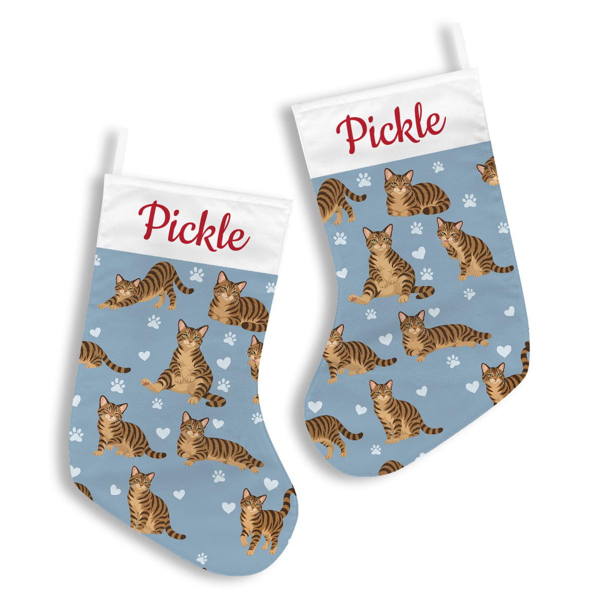 Domestic Shorthair Brown mackerel tabby Christmas stocking on dusty blue background with example name Pickle in red script on the white cuff; view 3.