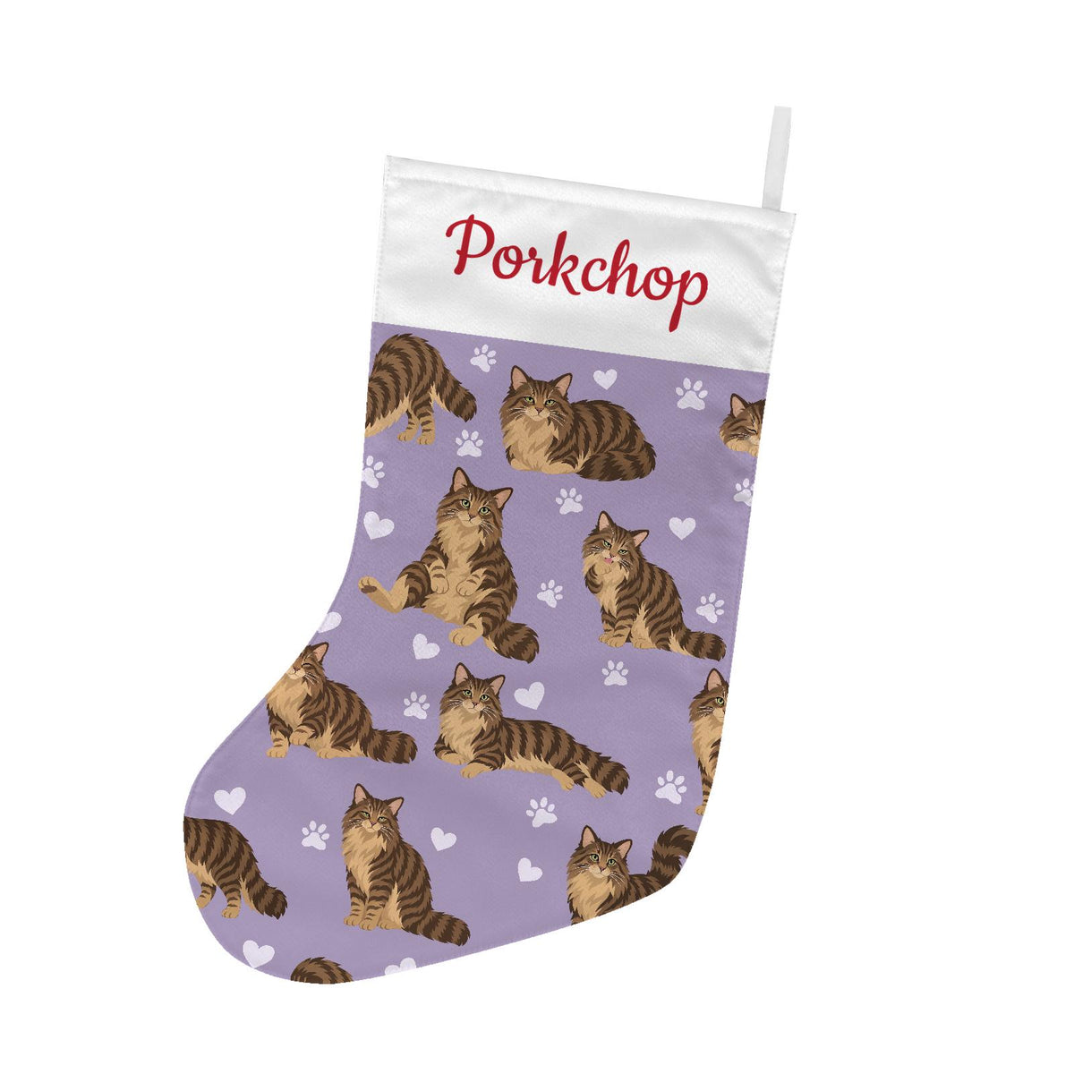 Domestic Longhair Brown mackerel tabby Christmas stocking on soft lavender background with example name Porkchop in red script on the white cuff; view 2.