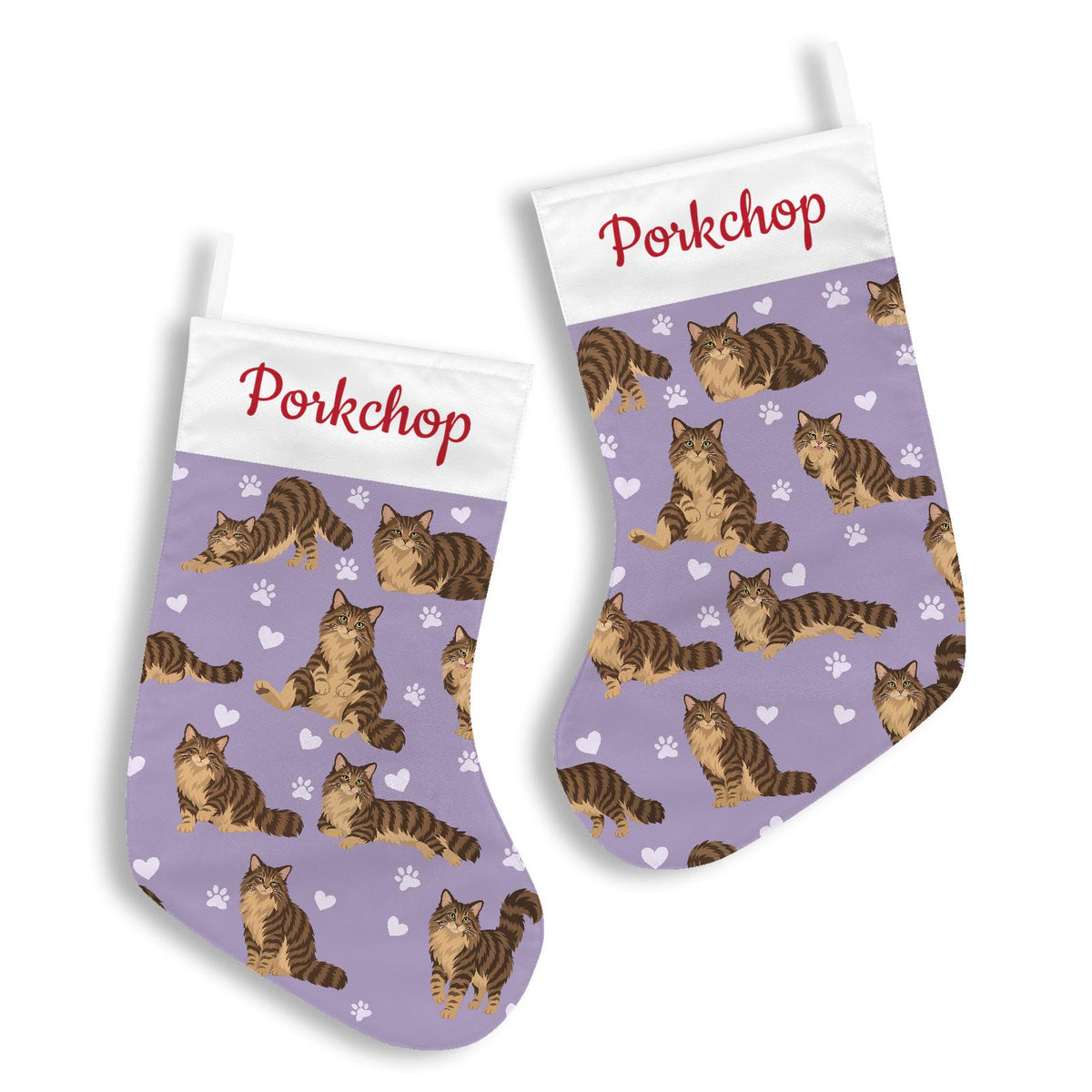 Domestic Longhair Brown mackerel tabby Christmas stocking on soft lavender background with example name Porkchop in red script on the white cuff; view 3.
