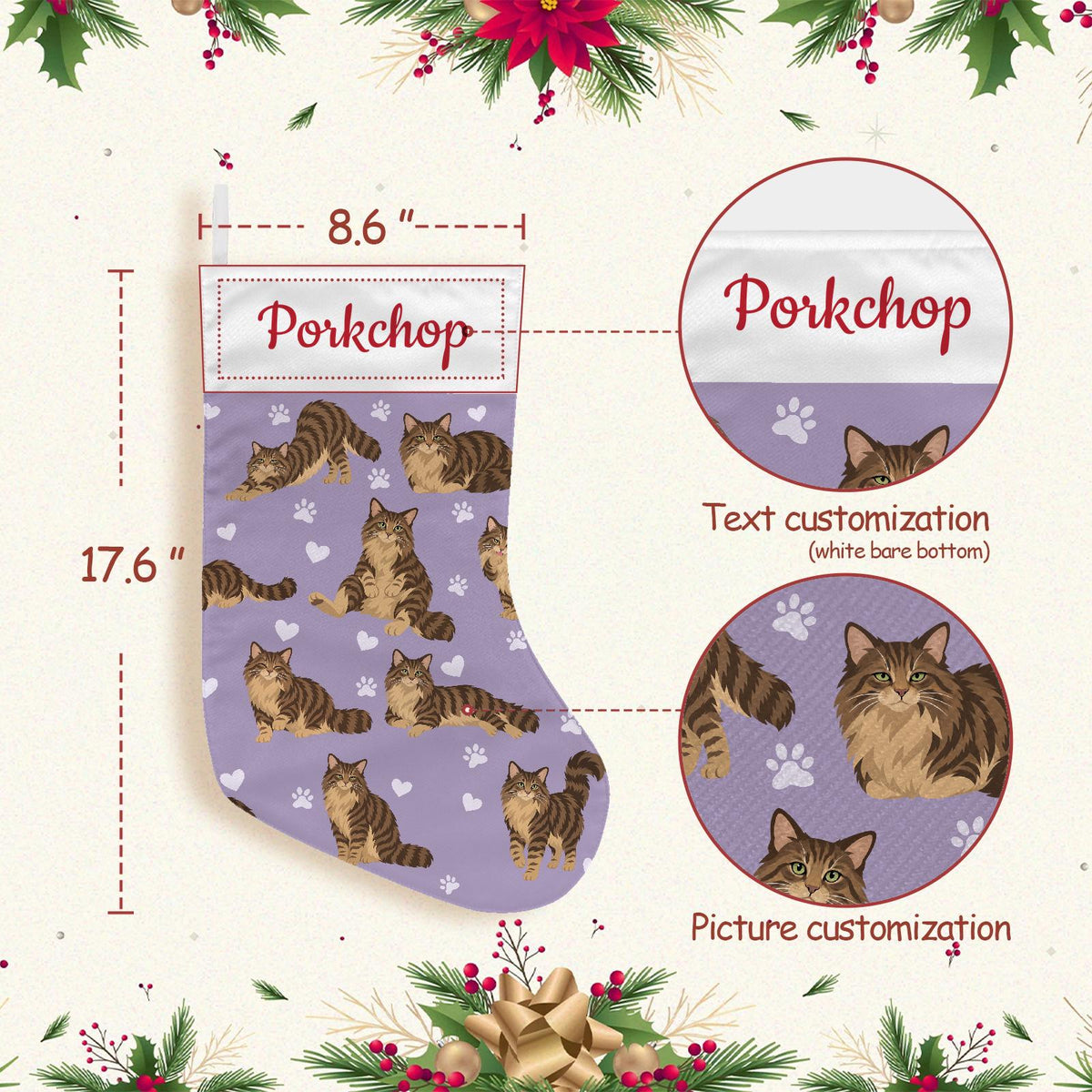 Domestic Longhair Brown mackerel tabby Christmas stocking on soft lavender background with example name Porkchop in red script on the white cuff; view 4.