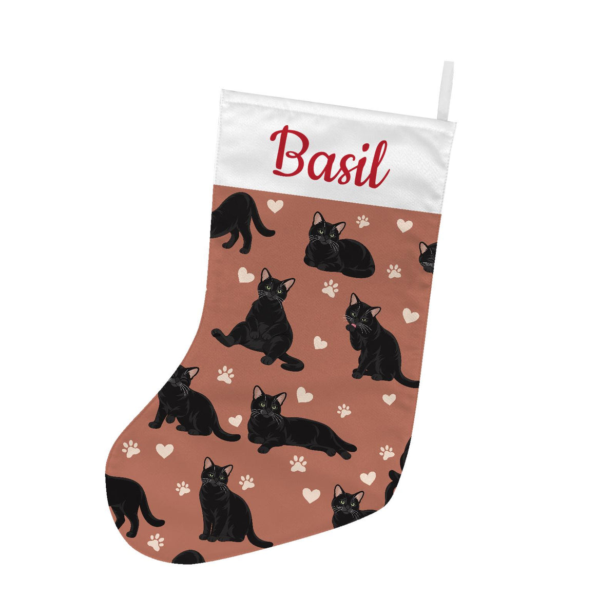 Domestic Shorthair Black Christmas stocking on muted terracotta background with example name Basil in red script on the white cuff; view 2.