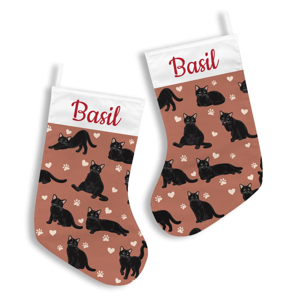 Domestic Shorthair Black Christmas stocking on muted terracotta background with example name Basil in red script on the white cuff; view 3.
