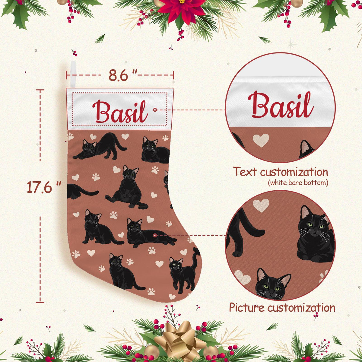 Domestic Shorthair Black Christmas stocking on muted terracotta background with example name Basil in red script on the white cuff; view 4.
