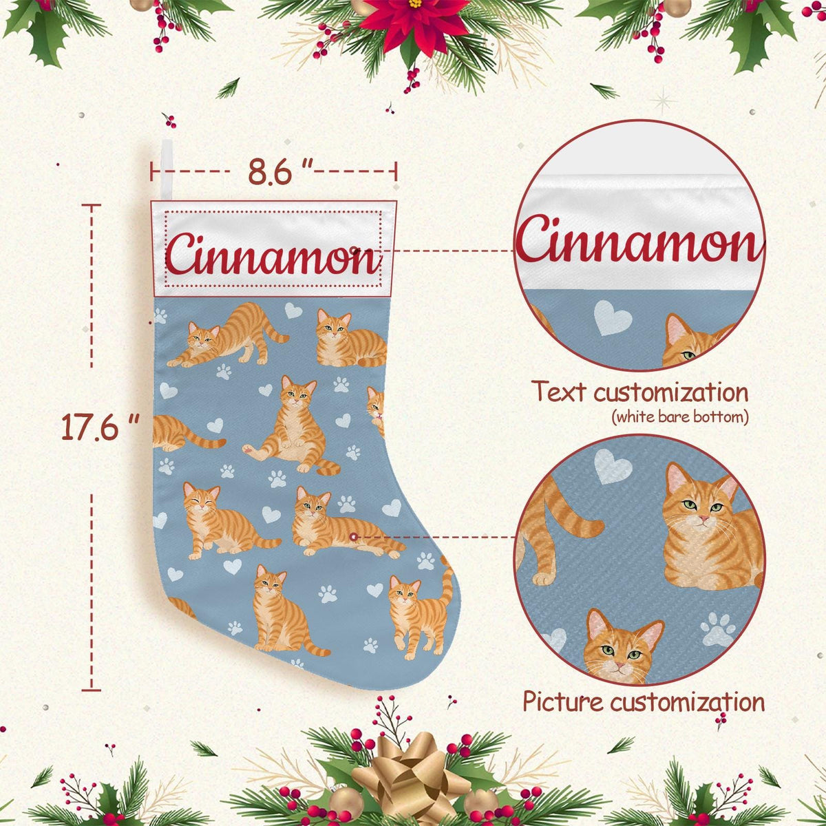 Domestic Shorthair Orange Christmas stocking on dusty blue background with example name Cinnamon in red script on the white cuff; view 4.