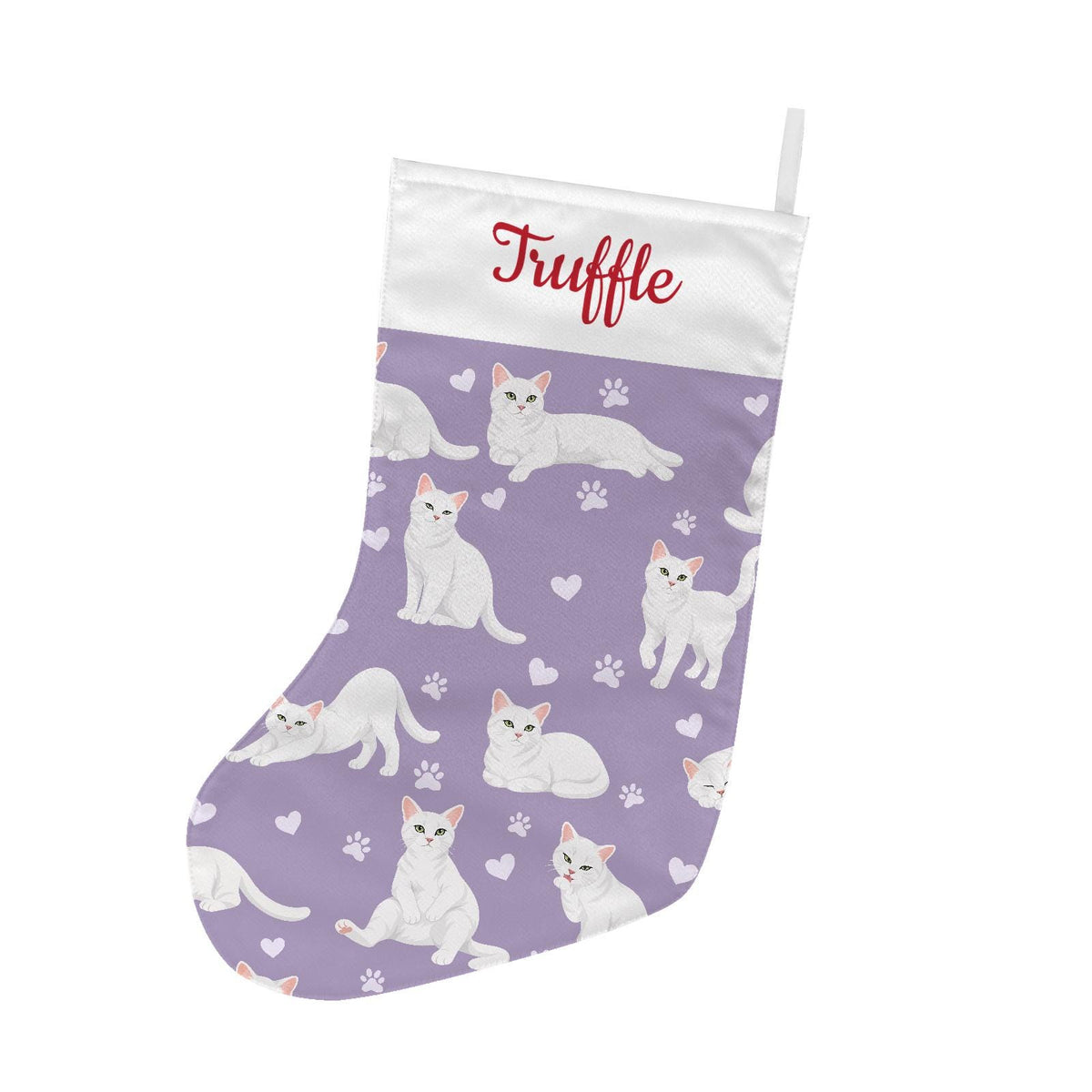 Domestic Shorthair White Christmas stocking on soft lavender background with example name Truffle in red script on the white cuff; view 2.