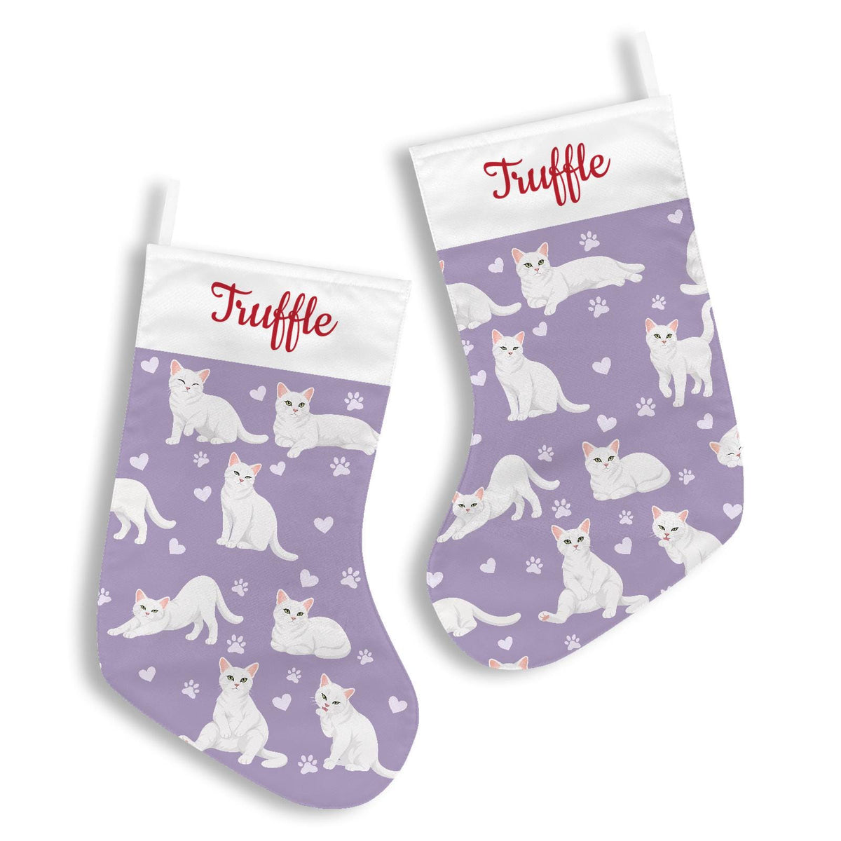 Domestic Shorthair White Christmas stocking on soft lavender background with example name Truffle in red script on the white cuff; view 3.