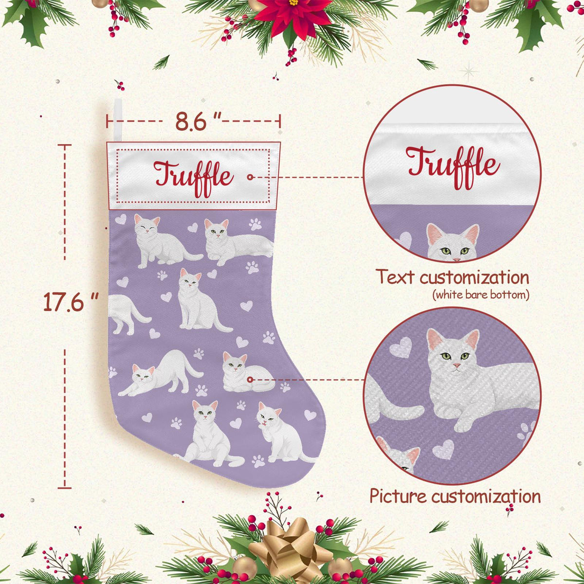 Domestic Shorthair White Christmas stocking on soft lavender background with example name Truffle in red script on the white cuff; view 4.