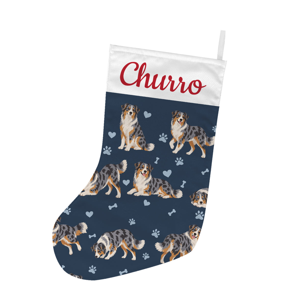Australian Shepherd Christmas stocking on deep navy background with example name Churro in red script on the white cuff; view 1.
