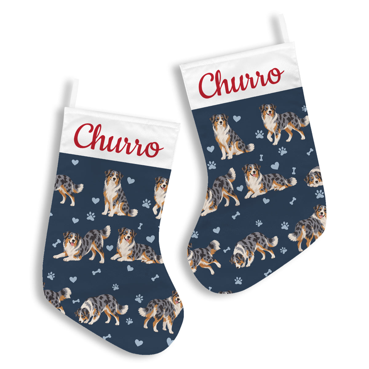 Australian Shepherd Christmas stocking on deep navy background with example name Churro in red script on the white cuff; view 2.